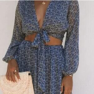 VICI Navy Dot Print Sheer Cropped Tie Front Blouse With Metallic Threads Small